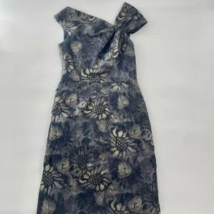 Teri Jon by Rickie Freeman Metallic Navy Blue and Gold Floral Sleeveless Dress 4
